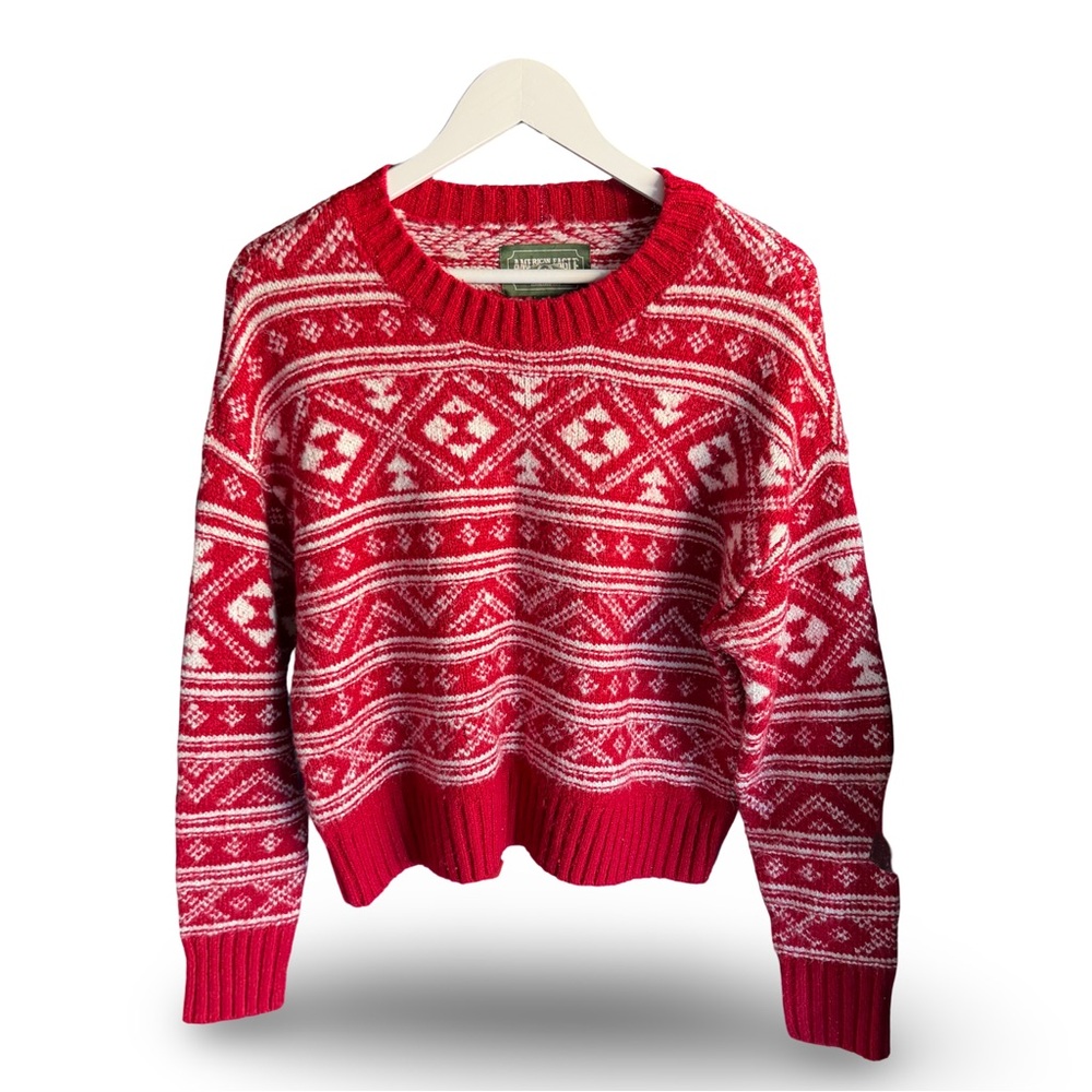 AEO Red and White Fair Isle Crewneck Sweater M